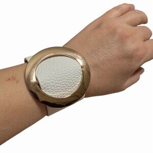 White Textured Wide Cuff Bracelet Gold Tone Oval Ring Snap Closure